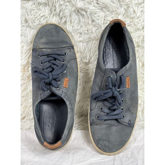Ecco Soft 7 Sneaker Gray Leather Low Top Casual Cushioned Mens Size 7 Navy Blue - Picture 1 of 9